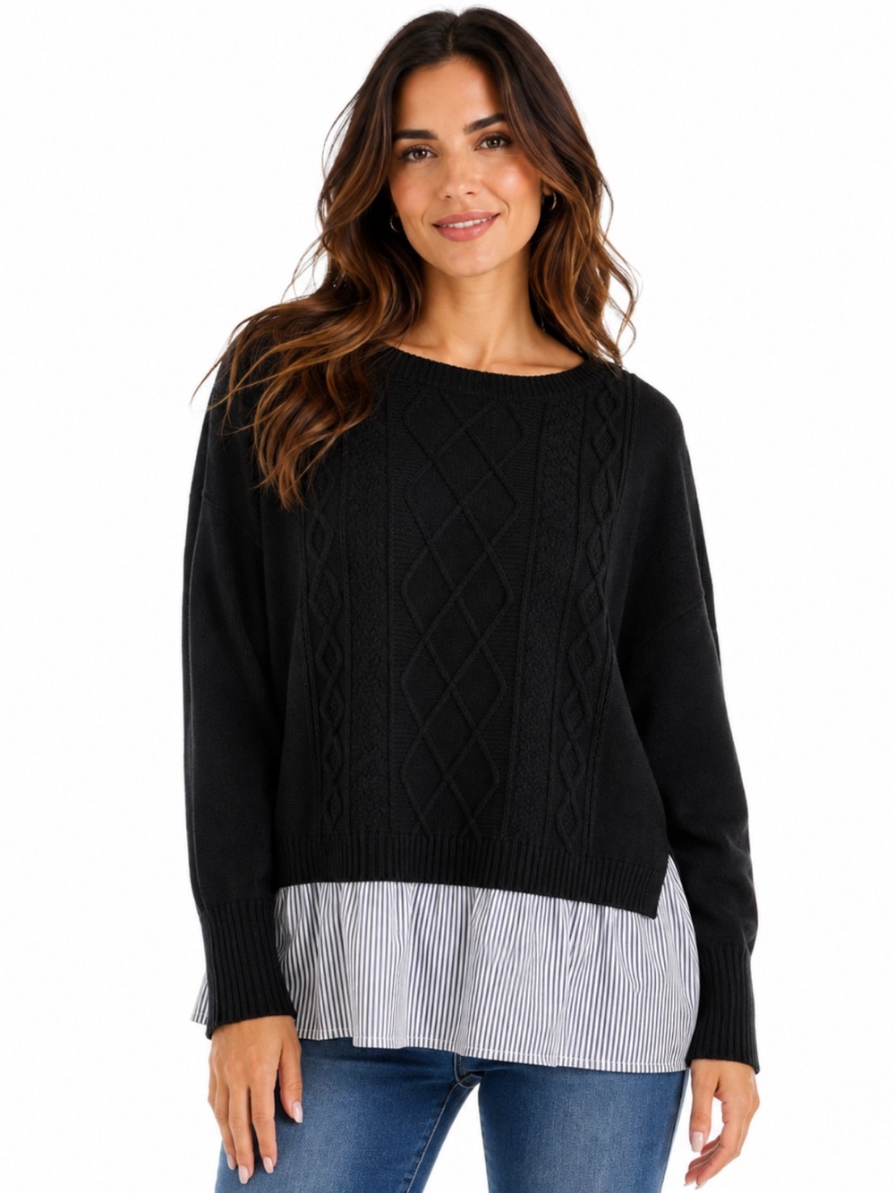 Crown‎ & Ivy Black Cable Knit Layered Sweater Shirt Hem - Size L